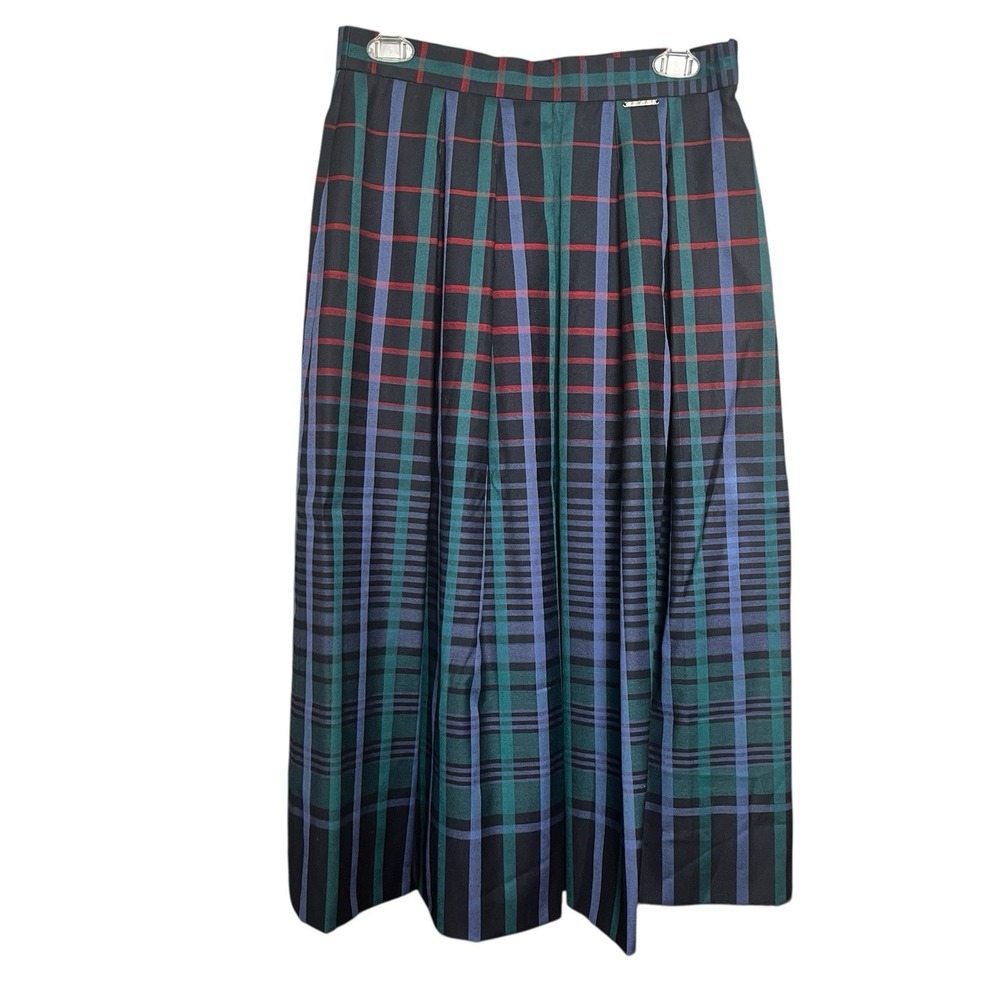 Geiger Of Austria VTG Plaid Pleated Skirt Blue SZ 40 Maxi Pockets Holiday Preppy - Picture 2 of 11
